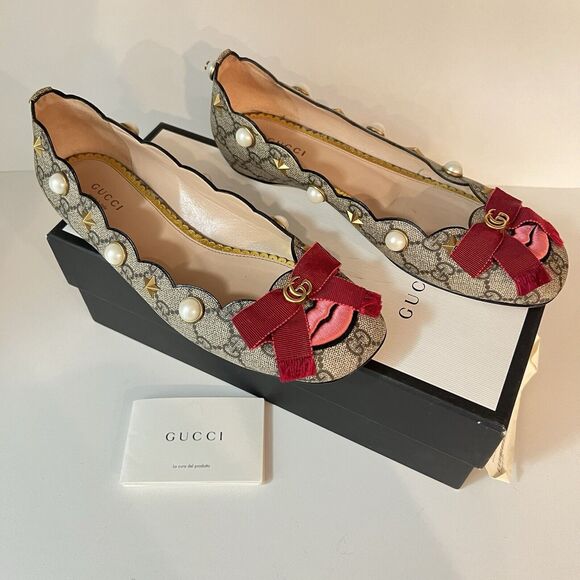 Gucci GG Monogram Lexi Supreme Pearl Lips Stars Bow Brown Ballet Flats SZ EU 39 - Picture 1 of 16